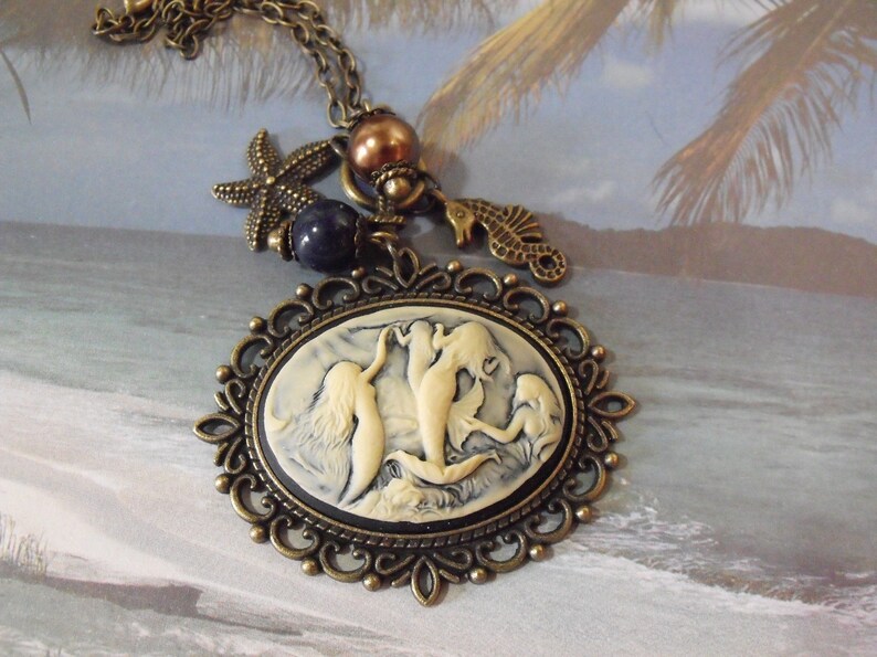 Cameo Pendant Necklace, Nautical Mermaid Cameo With Pearls And Charms Bronze Womes Gift image 1