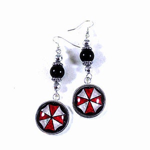 Silver Dangle Earrings,   Resident Evil,  Umbrella Corp Glass Image Earrings With black Pearls  Womens Gift  Handmade
