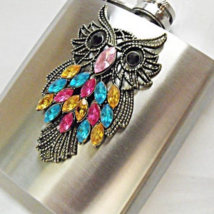 Flask, Colorful Large Owl With Rhinestones, Womens Gift Idea Wedding Favors Flask For Women Handmade 6 Ounces image 3