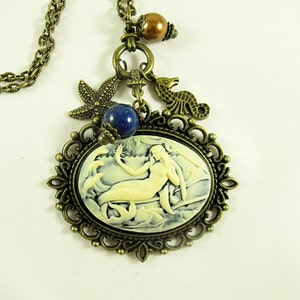 Bronze Cameo Necklace,    Nautical  Mermaid with Pearls,  Lapis Gemstone And Charms  Womens Gift  Handamde