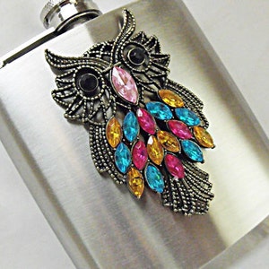 Flask, Colorful Large Owl With Rhinestones, Womens Gift Idea Wedding Favors Flask For Women Handmade 6 Ounces image 2