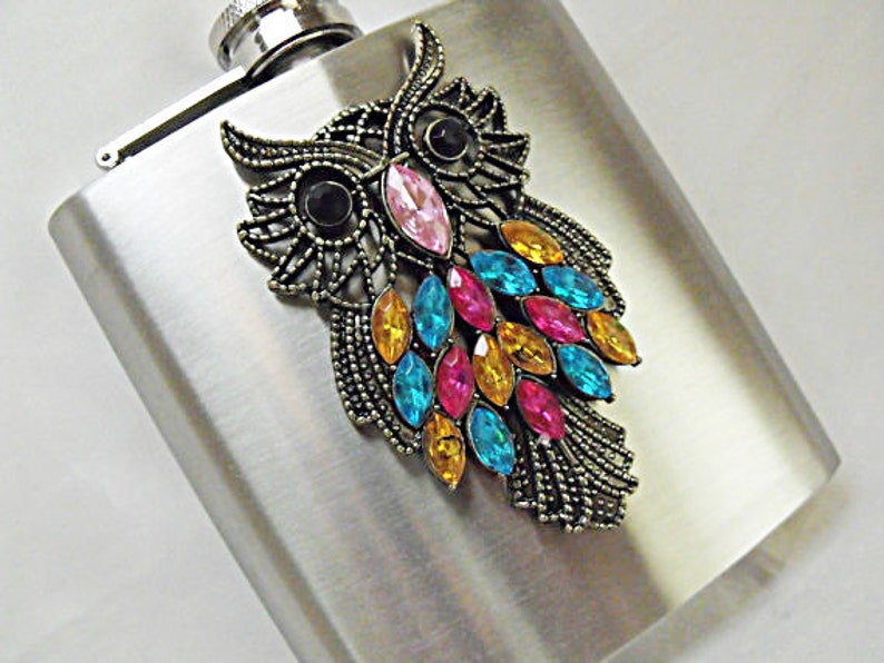 Flask, Colorful Large Owl With Rhinestones, Womens Gift Idea Wedding Favors Flask For Women Handmade 6 Ounces image 2