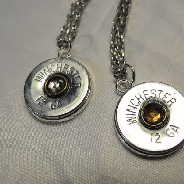 Silver Pendant Necklace, Winchester 12 Gauge Shotgun Shell with Carmel or Clear Swarovski Crystal Rhinestone Handmade