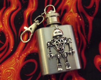 Flask, Mini Keychain,  Steampunk SciFi Robot  1 ounce  Mens Womens Gift  Handmade