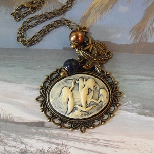 Cameo Pendant Necklace, Nautical Mermaid Cameo With Pearls And Charms Bronze Womes Gift image 2