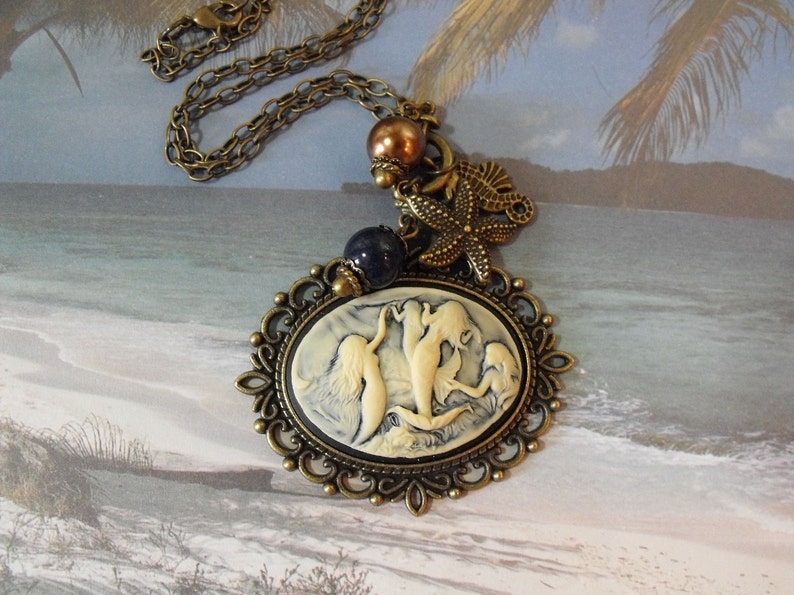 Cameo Pendant Necklace, Nautical Mermaid Cameo With Pearls And Charms Bronze Womes Gift image 2