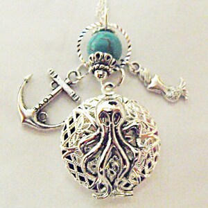 Silver Locket Necklace, Steampunk Octopus Locket With Turquoise Bead And Charms Womens Gift image 2