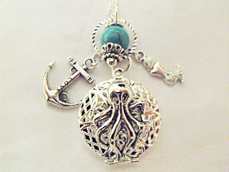 Silver Locket Necklace, Steampunk Octopus Locket With Turquoise Bead And Charms Womens Gift image 2