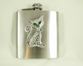 Flask For Women,  Rhinestone Kitty Cat   6 ounce Handmade