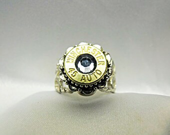 Bullet Ring,   Winchester 45 Caliber With Light Blue Crystal Rhinestone  Adjustable  Mens Womens Gift Handmade