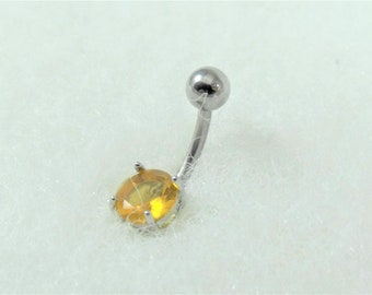 Citrine Belly Ring, CZ, 7 mm in Surgical Steel Prong Setting, Women's Gift Handmade