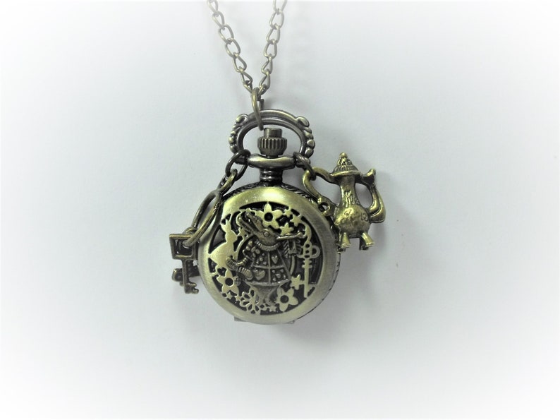Pocket Watch Necklace, Bronze Keepsake Alice In Wonderland, White Rabbit, Women's Gift Handmade image 1