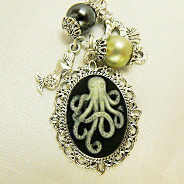 Silver Cameo Necklace,  Unique Steampunk Glow in the Dark Octopus necklace With Pearls And Charms  Womens Gift   Handmade