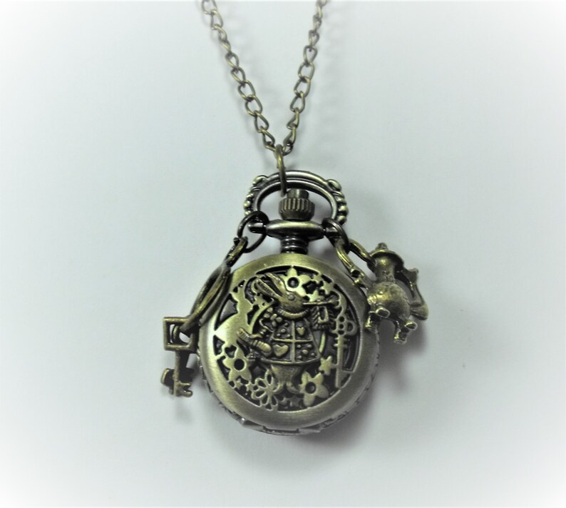 Pocket Watch Necklace, Bronze Keepsake Alice In Wonderland, White Rabbit, Women's Gift Handmade image 2