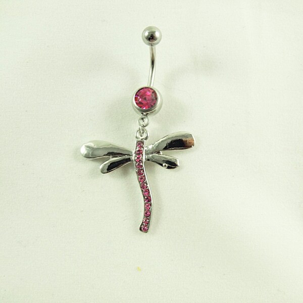 Belly Ring, Dragonfly With  Pink Rhinestones  Womens Gift  Handmade
