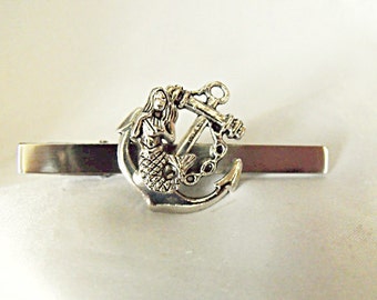 Tie Bar Tie Clip,  Mermaid on Anchor Silver Mens Accessories  Handmade