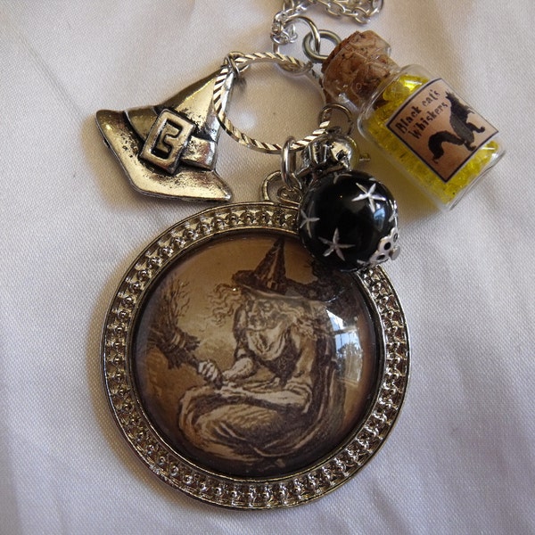 Silver Pendant Necklace,    Wicca Vintage Flying Witch Image With Bead And Charms Womens Gift  Handmade