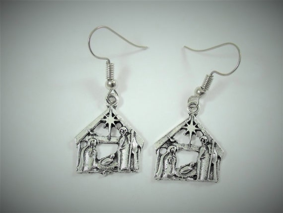 Nativity Scene Earrings Dangle Silver Christmas Earrings