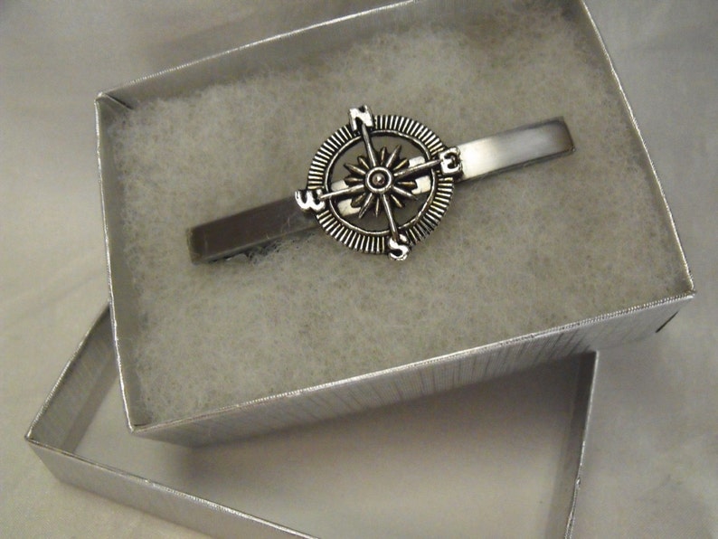 Tie Bar Tie Clip And Cufflinks Gift Set Mens Silver Compass Mens Accessories Handmade