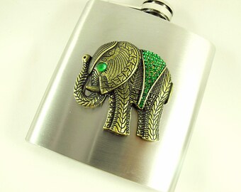 Flask, Stainless Steel  Elephant With Green Rhinestoned 6 Ounce  Flask for Women  Handmade