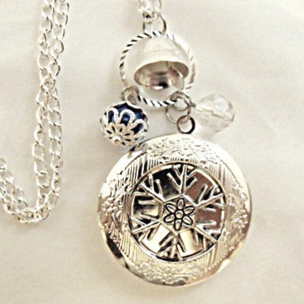 Silver Locket Necklace,  Winter Snowflake Locket Necklace Blue And Clear Beads,  With Charms  Womens Gift  Handmade