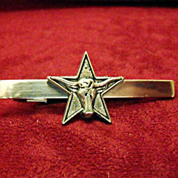 Tie Bar Tie Clip,  Texas Silver Star and Steer  Mens Accessories  Handmade