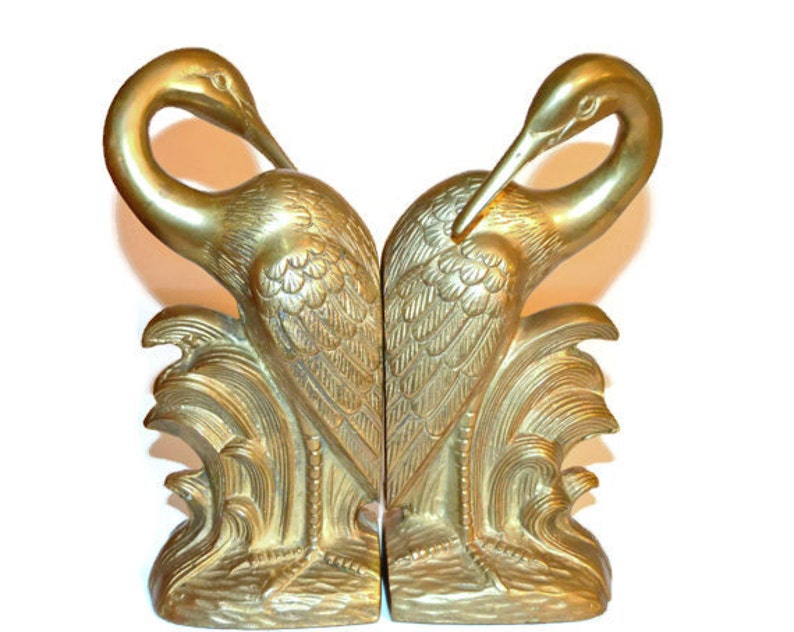 Brass Crane Bookends Vintage Brass Bookends Brass Cranes Solid Etsy