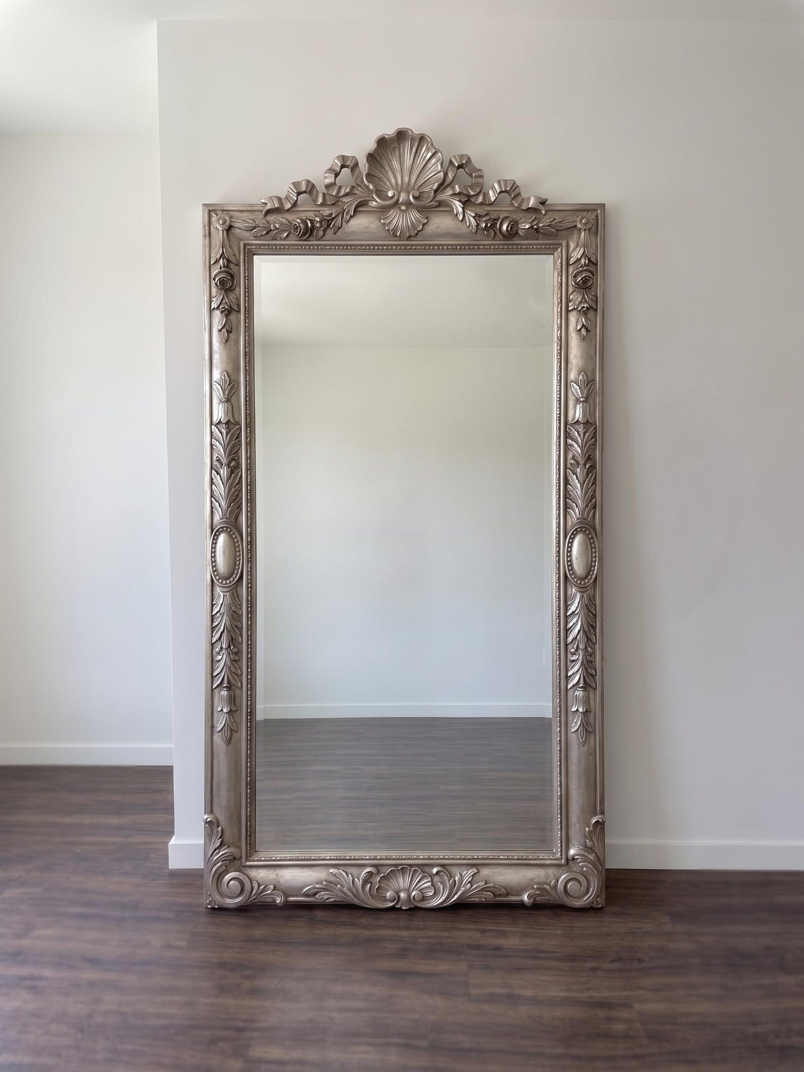 Ornate Silver baroque Style Full Length Floor Mirror with Decorative Crest