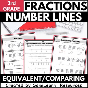 May include: Educational worksheets for 3rd grade math, focusing on fractions and number lines. The worksheets include exercises on comparing fractions and identifying equivalent fractions. The title "FRACTIONS NUMBER LINES" is displayed in large, bold letters.