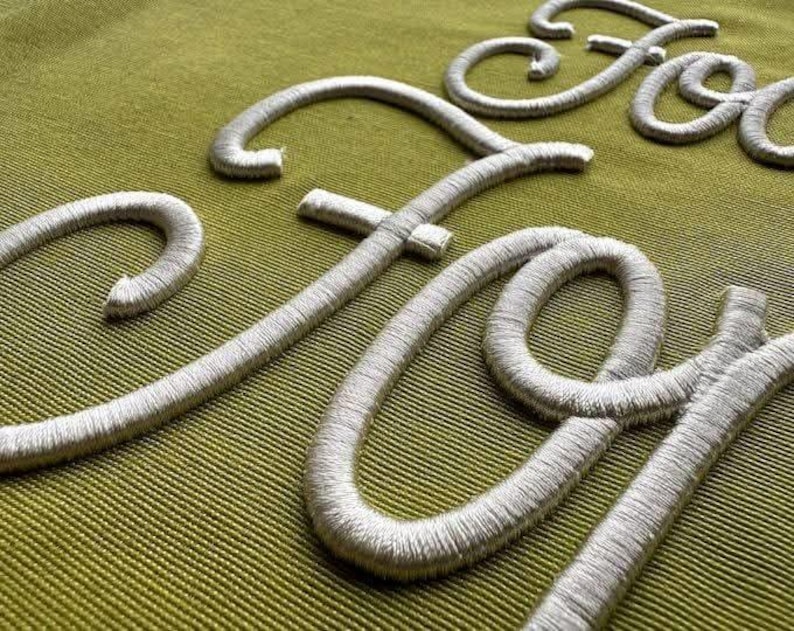 May include: Close-up of silver embroidered lettering on a green fabric background. The letters appear to spell out a word or phrase, with a focus on the detailed stitching and texture of the embroidery.