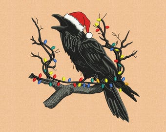Christmas Crow Embroidery File | Santa Hat, Holiday Lights (PES JEF DST)