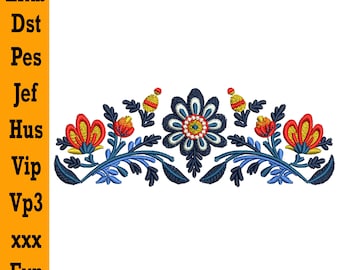 Floral Border Embroidery Design | Folk Flower Machine Embroidery Pattern | Colorful Stitching Dst PES