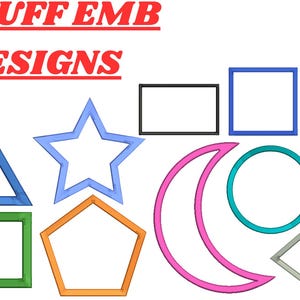 May include: Image features various 3D puff embroidery designs in different shapes, including a triangle, star, rectangle, square, oval, moon, circle, hexagon, and diamond. The text "3D PUFF EMB DESIGNS" is at the top, with "11 DESIGNS" in the upper right corner.