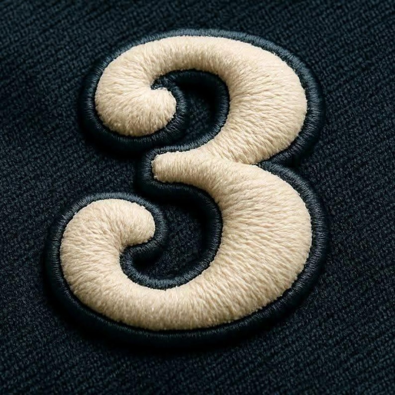 May include: Embroidered number 3 patch in cream with a navy blue outline and backing. The patch has a textured, raised appearance, and is set against a dark navy blue fabric background.