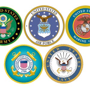 May include: Five circular emblems representing branches of the United States military. The emblems feature the words "Army", "Air Force", "Marine Corps", "Coast Guard", and "Navy", along with associated imagery like eagles, anchors, and stars. Each emblem has a unique color scheme.