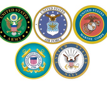 US Military Logos: Army, Navy, Air Force, Marine Corps, Coast