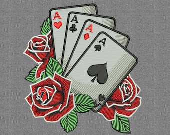 Four Aces Embroidery Design | Poker Card Rose Pattern | Biker Jacket Embroidery | Digital Download