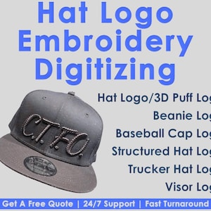 May include: A dark grey baseball cap featuring the embroidered letters "CTFC". The image includes the text "Hat Logo Embroidery Digitizing" and lists different hat logo types, including "Beanie Logo" and "Trucker Hat Logo".