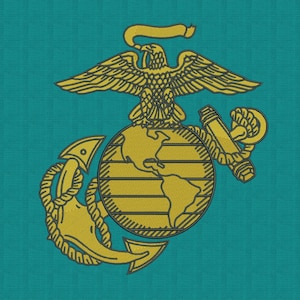 May include: Embroidered emblem featuring a gold eagle perched atop a globe, with an anchor and a scroll. The emblem is set against a teal background. The eagle has outstretched wings, and the globe shows the continents.