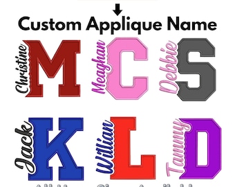 Diseño de bordado de aplique de nombre personalizado / Monograma de letra personalizado / Fuente de máquina estilo universitario con espíritu escolar