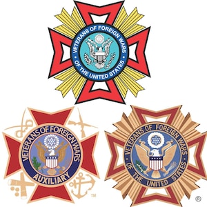 May include: Three emblems featuring the words "Veterans of Foreign Wars" and "Of The United States." The emblems are red, gold, and blue, with an eagle and shield design. One emblem also includes the word "Auxiliary."