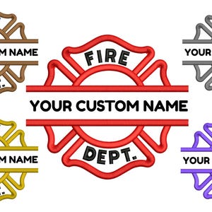 Puede incluir: Una colección de emblemas bordados de bomberos en varios colores, incluyendo marrón, rojo, gris, dorado y morado. Cada emblema presenta la palabra "FIRE" en la parte superior, "YOUR CUSTOM NAME" en el centro y "DEPT." en la parte inferior.