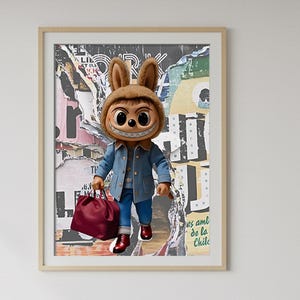 May include: Framed artwork featuring a whimsical character with a rabbit-like head, wearing a denim jacket, blue jeans, and red shoes. The character carries a burgundy bag against a backdrop of torn posters. The artwork is displayed above a bed with decorative pillows.