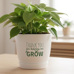 May include: A white ceramic plant pot with a green leafy plant. The pot has the text "THANK YOU for helping me GROW" in green. The pot sits on a matching saucer on a light wood table.