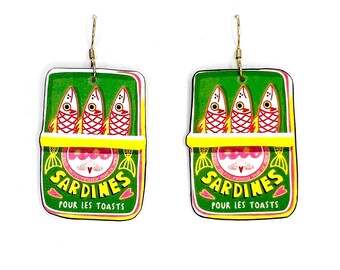 Huge Retro Sardines Can Art Dangle Statement Earrings