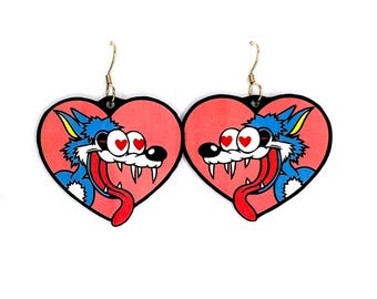 Huge Pink Heart with Loving Cartoon Cat Statement Dangle Earrings
