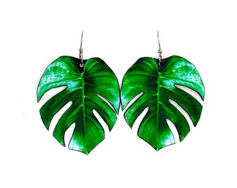 Monstera Tropical Plant Leaves Huge Art Dangle Statement Earrings