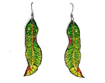 Croton Leaf Tropical Plant Art Dangle Statement Earrings