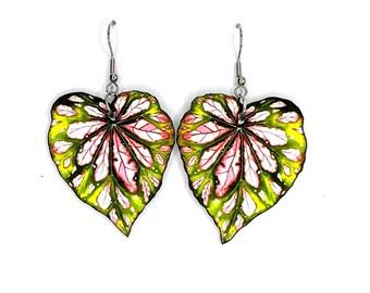 Caladium Leaf Tropical Plant Art Dangle Statement Earrings