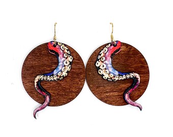 Octopus Tentacle and Wood Statement Earrings
